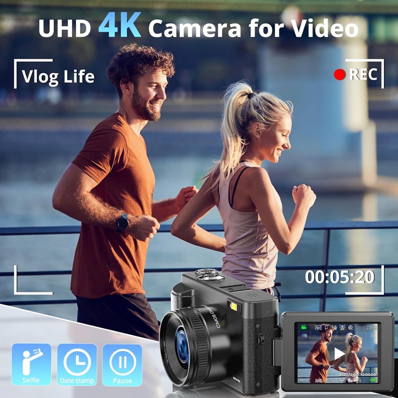 Oiadek كاميرا رقمية 4K للتصوير والفيديو، كاميرا فلوغينغ بدقة 48 ميجابكسل مع شاشة قابلة للطي 180° بحجم 3 بوصات وزوم 16X وكاميرات سفر مدمجة مع بطاقة SD، 2 بطاريات، مضادة للاهتزاز، فلاش (أسود) - Image 2